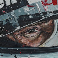 a painting of a man in a racing helmet